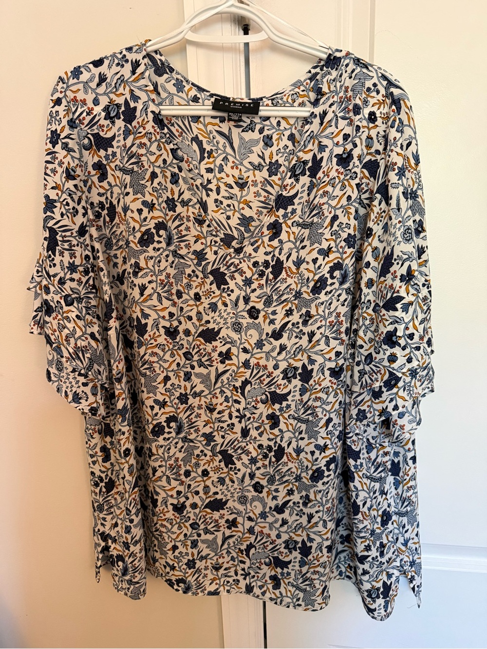 Premier Designs Cream Blouse with Navy and Gold Floral Print